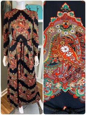 Vintage 70s Rona Floral Paisley Long Sleeve Maxi Dress Caftan Small S Chevron